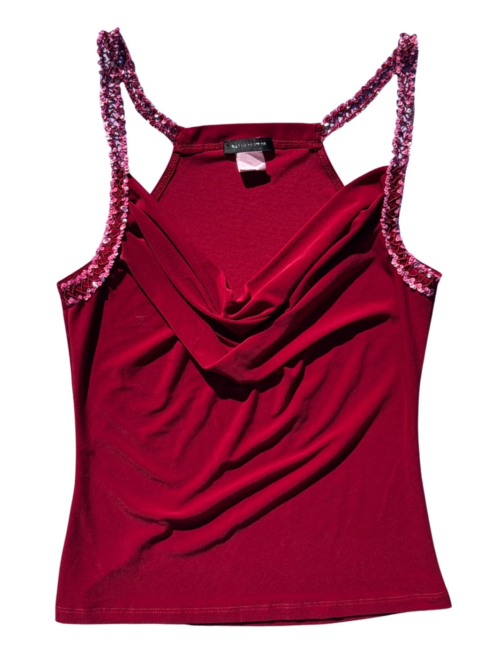 Y2K Vintage Sirens Red Sequin-Strap Cowl Neck Tank Top